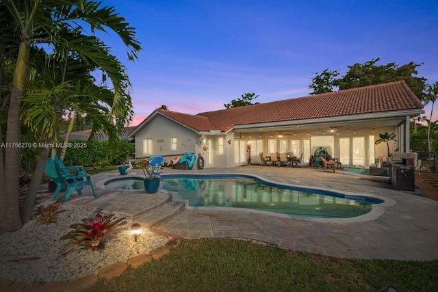 view of swimming pool featuring a fenced in pool and a patio