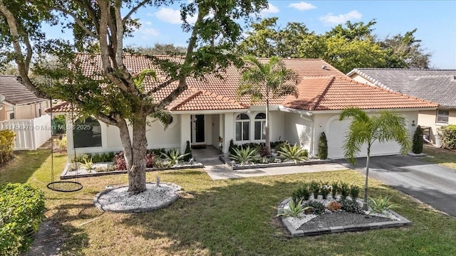 mediterranean / spanish-style home with aphalt driveway, a tile roof, an attached garage, fence, and a front lawn