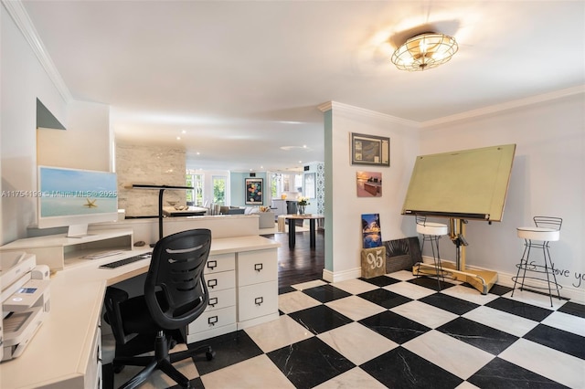 office space featuring baseboards, light floors, and crown molding