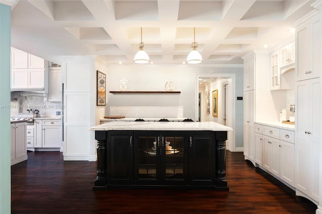 kitchen with dark wood-style floors, white cabinets, glass insert cabinets, and dark cabinets