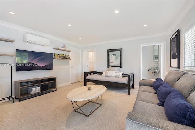 carpeted living area with crown molding, an AC wall unit, and recessed lighting