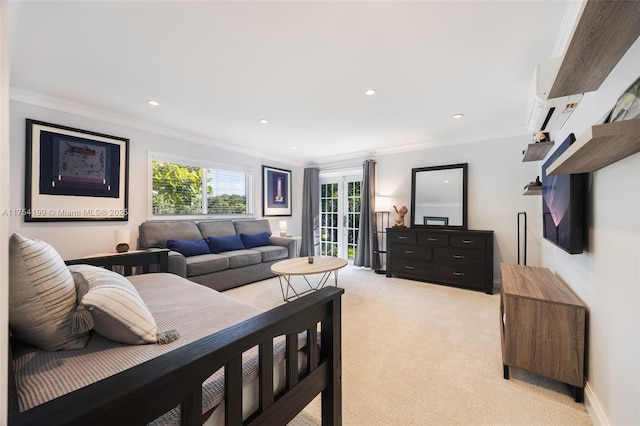 bedroom with ornamental molding, recessed lighting, light carpet, and a wall unit AC