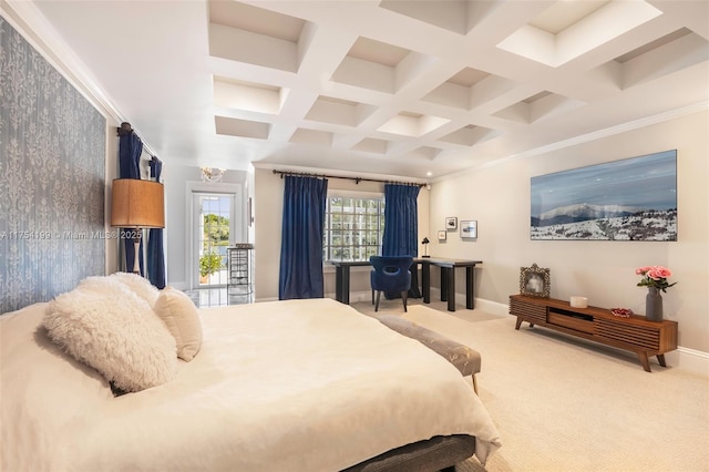 carpeted bedroom featuring baseboards, coffered ceiling, beamed ceiling, and ornamental molding