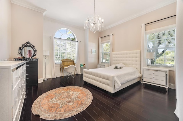 bedroom featuring ornamental molding, a chandelier, dark wood finished floors, and baseboards