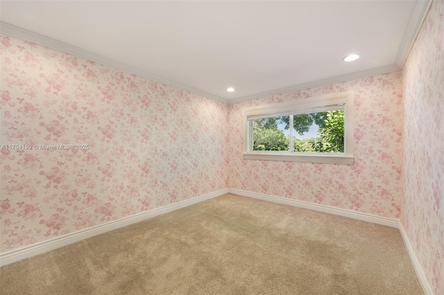 unfurnished room featuring carpet, recessed lighting, baseboards, and wallpapered walls