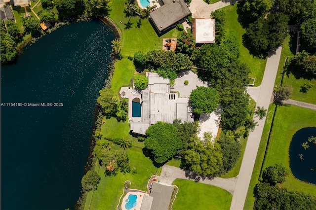 drone / aerial view featuring a water view