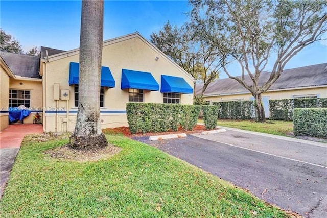 view of front of house with a front yard, fence, and stucco siding