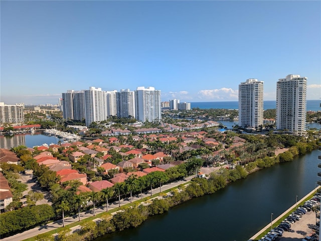 aerial view with a water view and a city view