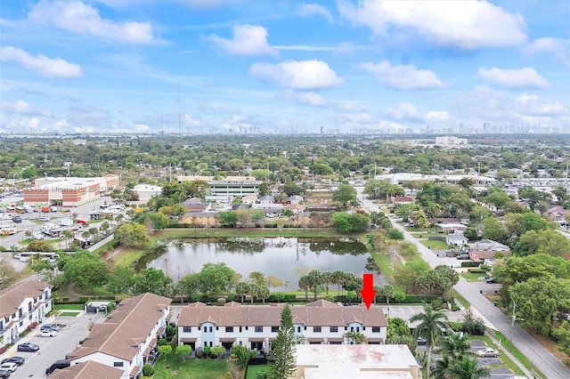 aerial view featuring a water view