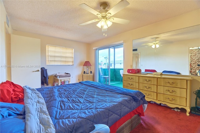 carpeted bedroom featuring access to outside, visible vents, a ceiling fan, and a textured ceiling