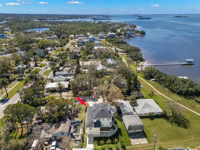 aerial view featuring a residential view and a water view