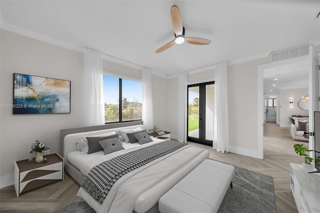 bedroom with visible vents, baseboards, a ceiling fan, access to outside, and french doors