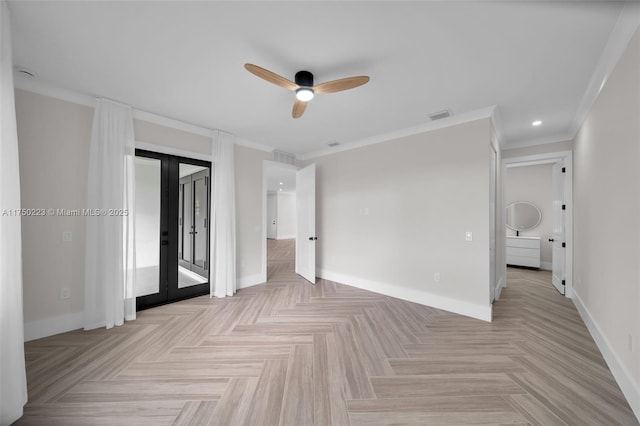 unfurnished bedroom featuring french doors, ornamental molding, a ceiling fan, access to outside, and baseboards