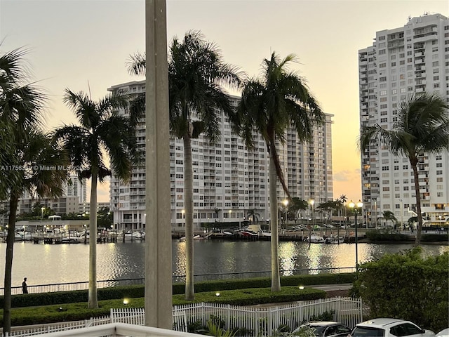 view of water feature featuring fence