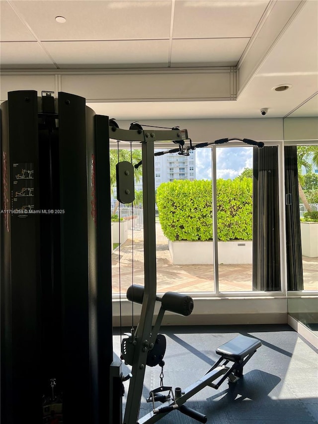 workout area featuring a paneled ceiling and plenty of natural light