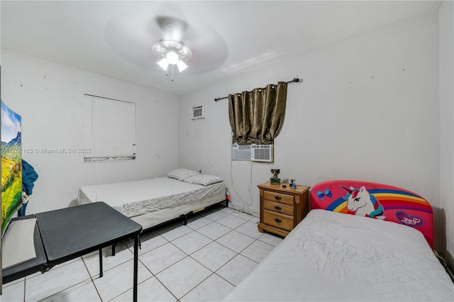 bedroom featuring ceiling fan, light tile patterned flooring, and cooling unit