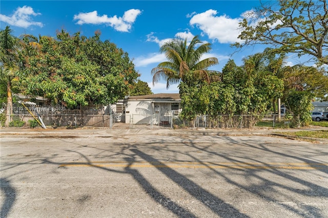 view of property hidden behind natural elements featuring a fenced front yard and a gate