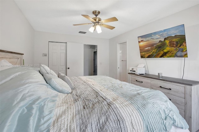 bedroom featuring a closet, visible vents, and ceiling fan