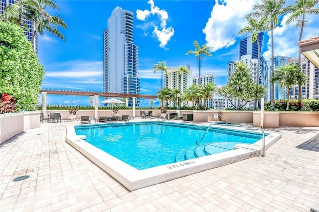 pool featuring a patio area and a city view