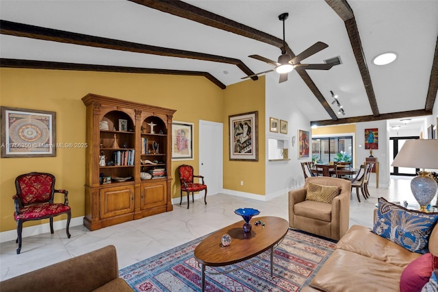 living area featuring visible vents, marble finish floor, a ceiling fan, lofted ceiling with beams, and baseboards