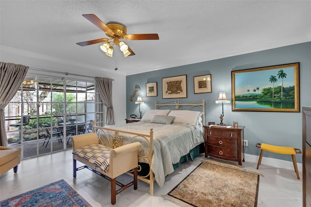 bedroom featuring baseboards, ceiling fan, ornamental molding, access to exterior, and a textured ceiling