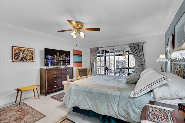 bedroom featuring marble finish floor, a ceiling fan, a textured ceiling, crown molding, and access to exterior