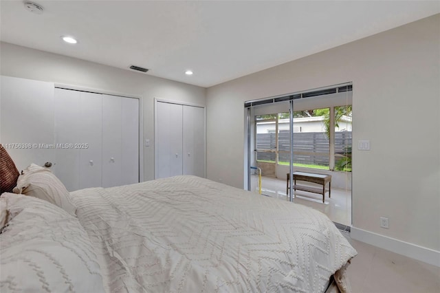 bedroom with visible vents, baseboards, access to exterior, two closets, and recessed lighting