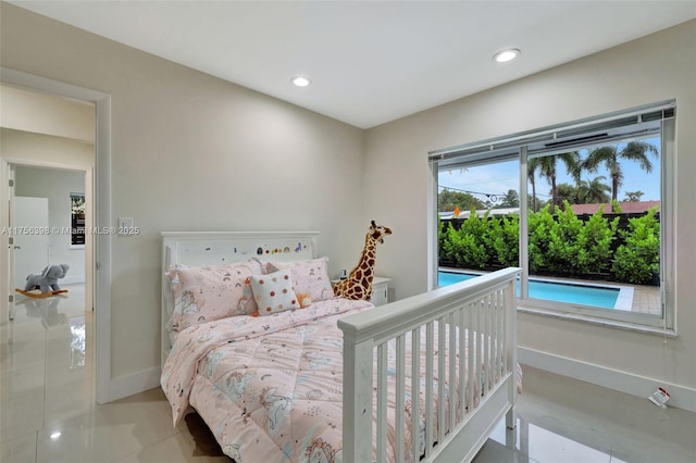 bedroom featuring recessed lighting, baseboards, and tile patterned floors