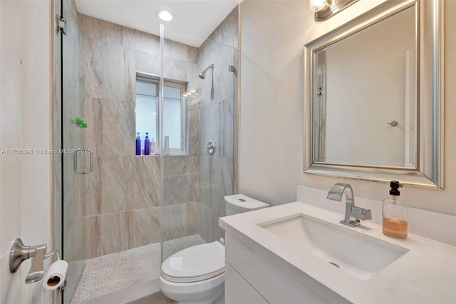 bathroom with a shower stall, toilet, and vanity