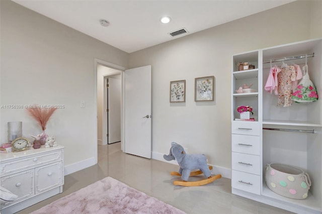 bedroom with recessed lighting, visible vents, baseboards, and light tile patterned floors