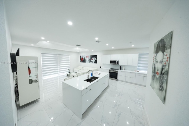 kitchen with white cabinets, modern cabinets, appliances with stainless steel finishes, marble finish floor, and a sink