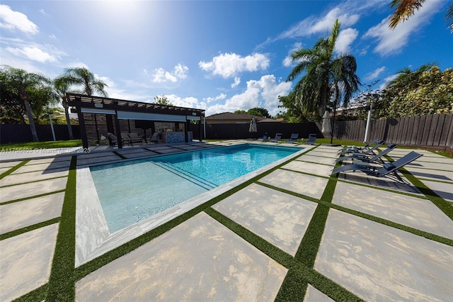 view of pool featuring a fenced in pool, a fenced backyard, a patio, and a pergola