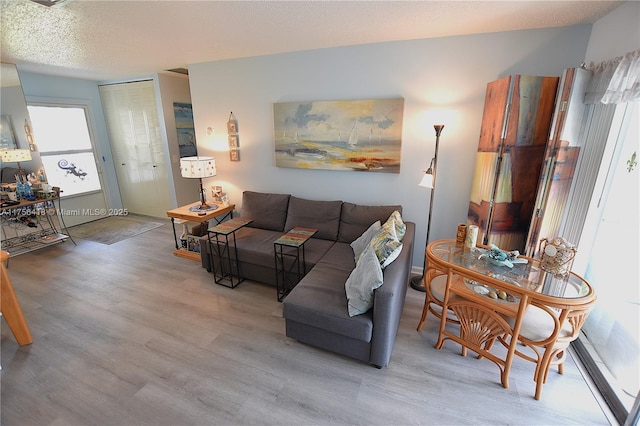 living area with a textured ceiling and light wood finished floors