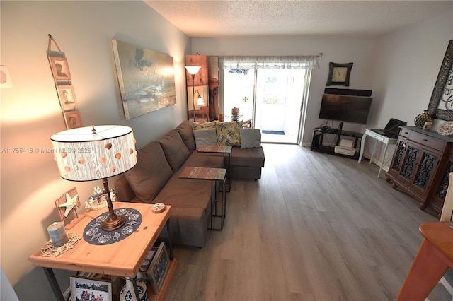 living area with a textured ceiling and wood finished floors