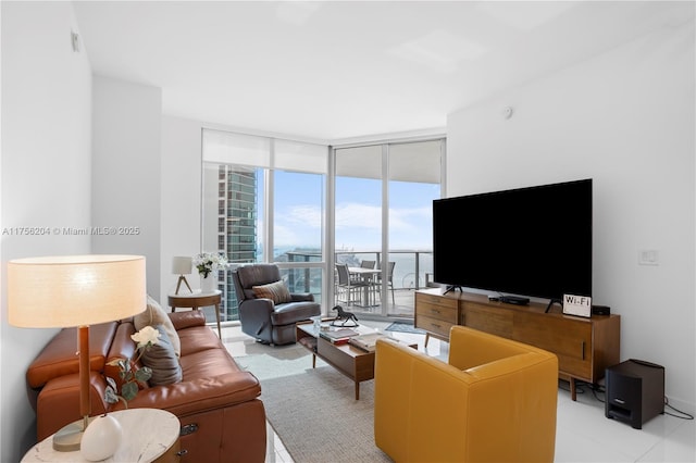 living room with floor to ceiling windows