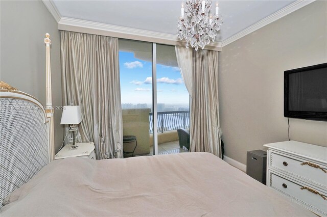 bedroom with ornamental molding, access to outside, baseboards, and an inviting chandelier