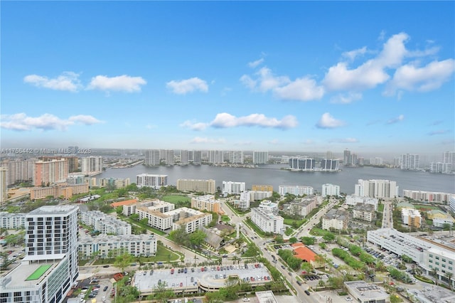 drone / aerial view featuring a view of city and a water view