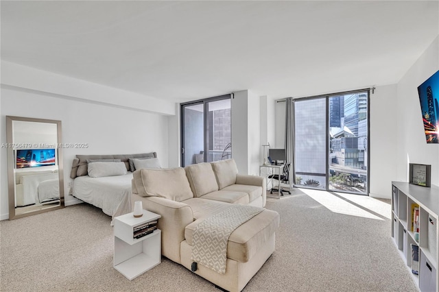 bedroom with a wall of windows and light colored carpet