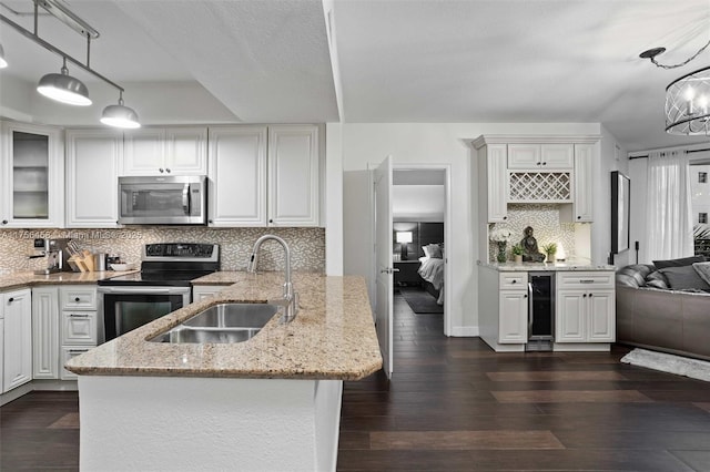 kitchen with a peninsula, dark wood finished floors, stainless steel appliances, and a sink