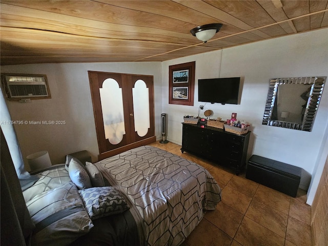 bedroom featuring a wall unit AC, wooden ceiling, tile patterned flooring, and french doors