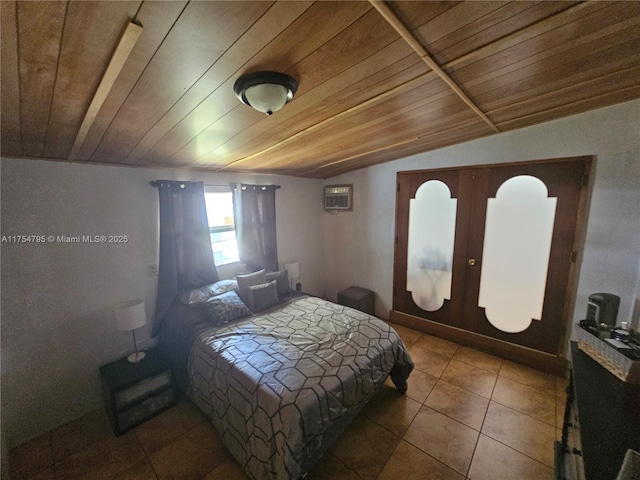 bedroom featuring tile patterned flooring, wood ceiling, vaulted ceiling, french doors, and a wall mounted AC