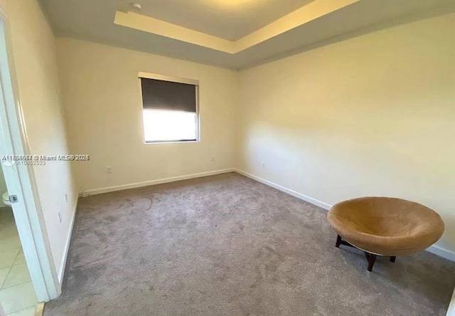 spare room with a raised ceiling, carpet flooring, and baseboards