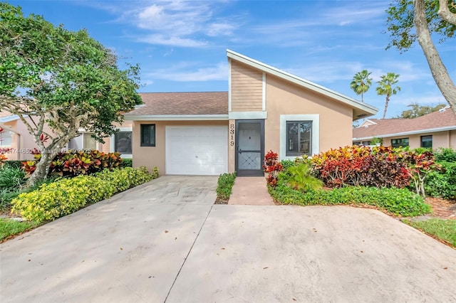 view of front facade featuring an attached garage, driveway, a shingled roof, and stucco siding