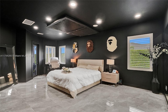 bedroom featuring marble finish floor, visible vents, and baseboards