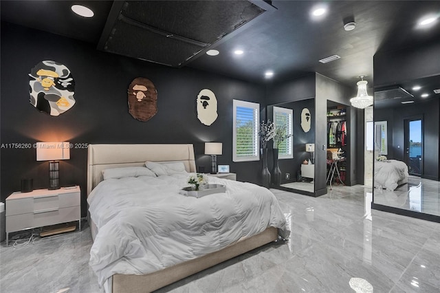 bedroom with marble finish floor, visible vents, and recessed lighting