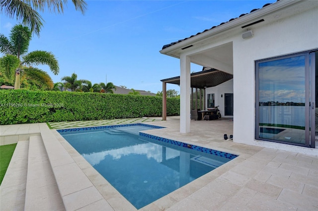 view of swimming pool with fence private yard, a patio area, and a fenced in pool