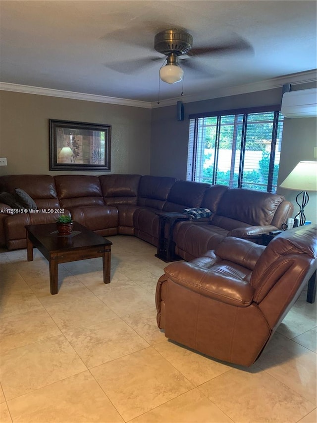 living room with ceiling fan, ornamental molding, and light tile patterned flooring