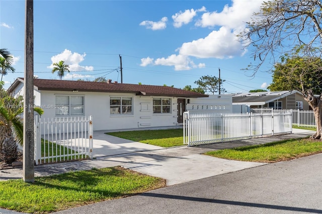 ranch-style house featuring a fenced front yard and stucco siding