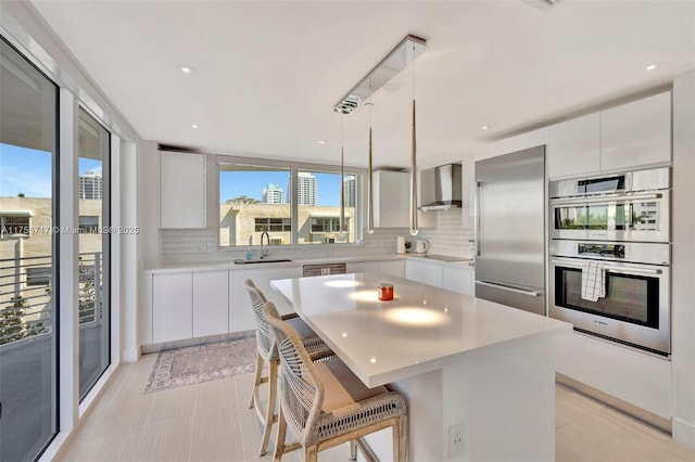 kitchen featuring a sink, wall chimney range hood, modern cabinets, and stainless steel appliances
