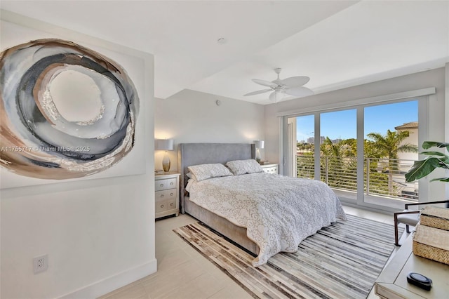 bedroom with ceiling fan, baseboards, and access to exterior